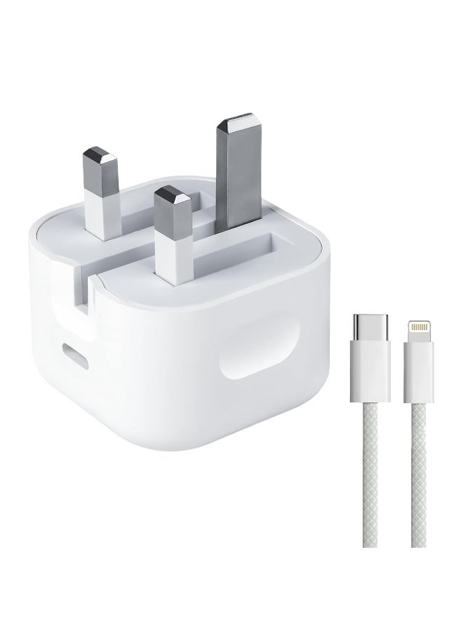 آیمی محول شحن سريع IMEE PLUS USB-C 20 واط مع كابل Type-C إلى Lightning وشاحن IC ذكي PD 3.0 وحماية من الجهد الزائد والتيار الزائد والحرارة الزائدة وشاحن حائط صغير الحجم بمقبس المملكة المتحدة - IM-TA120CL، أبيض - Image 1