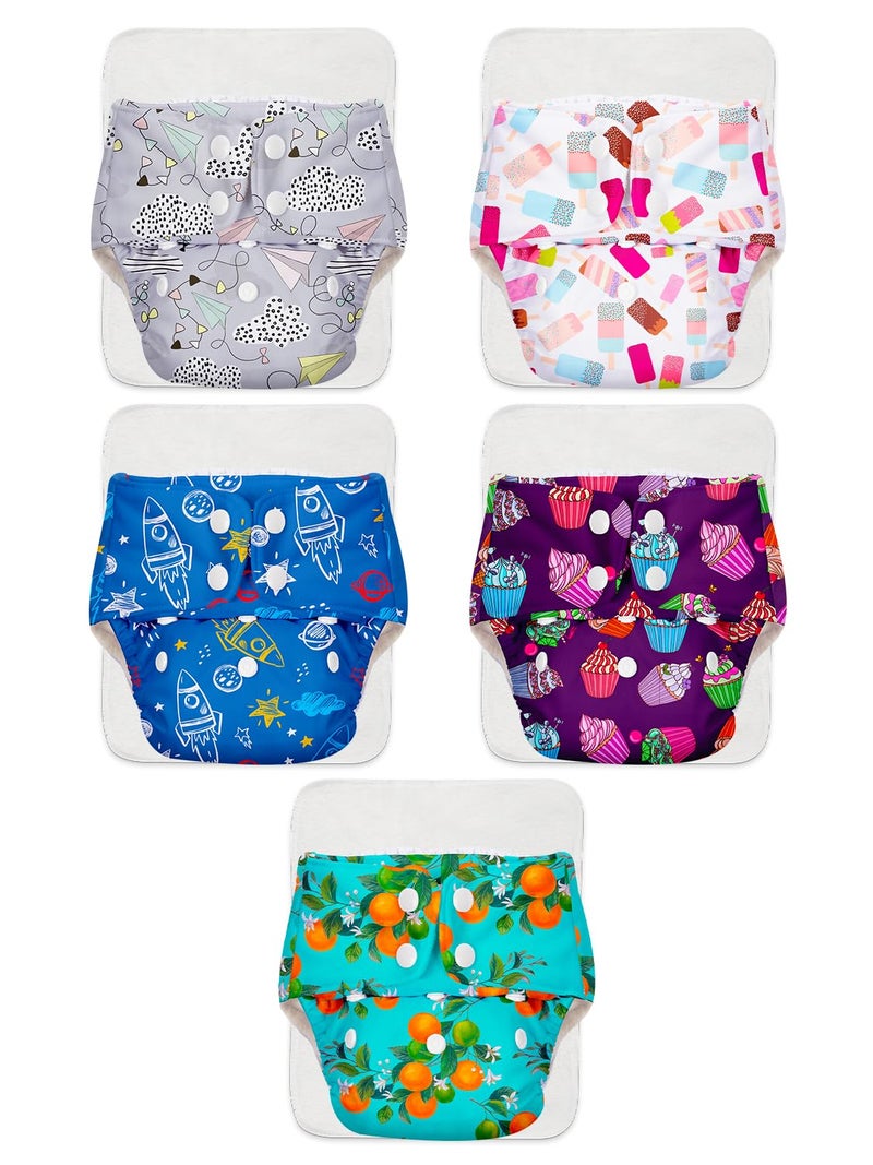 Superbottoms Basic Leakage-proof advanced cloth diapers for babies, High Absorbent 100% cotton 5 reusable diaper and 5 insert pad Combo Pack washable cloth diaper 3M -3Years Adjustable, Reduces Rash - Image 1