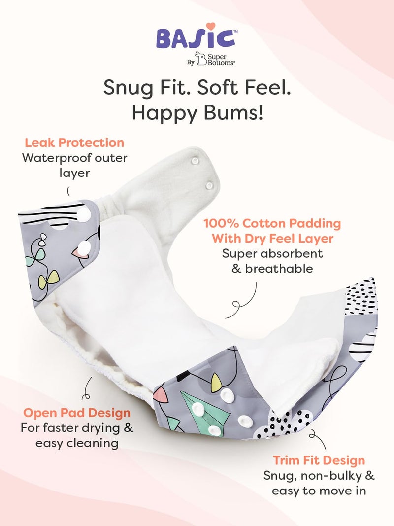 Superbottoms Basic Leakage-proof advanced cloth diapers for babies, High Absorbent 100% cotton 5 reusable diaper and 5 insert pad Combo Pack washable cloth diaper 3M -3Years Adjustable, Reduces Rash - Image 3