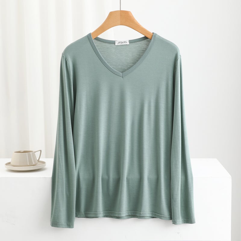 Bit Cotton V Neck Long-Sleeved T-Shirt For Women Loose Large Size Thin Inner Layering Shirt Pure Color Sun Protection Outer Top - Image 1