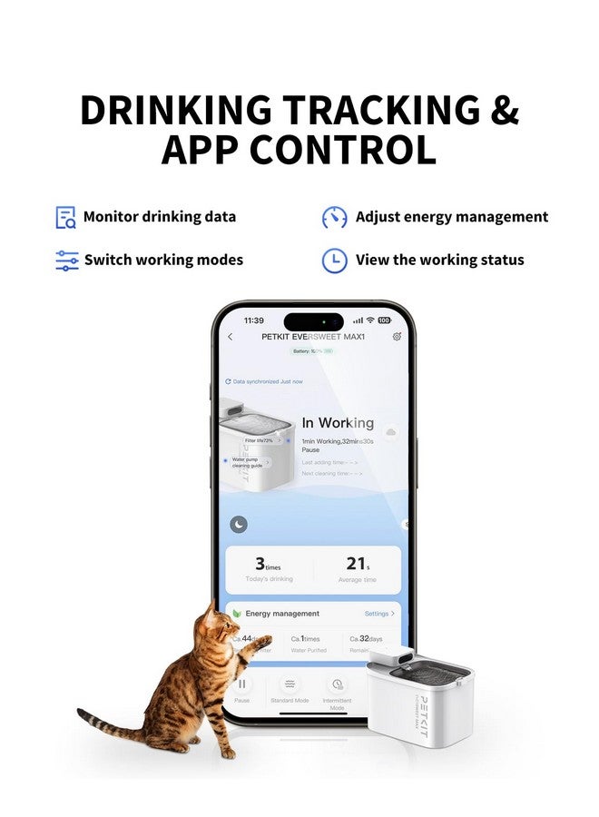 نافورة مياه القطط اللاسلكية Eversweet Max، نافورة مياه للحيوانات الأليفة بسعة 105 أونصة سائلة/3 لتر للقطط والكلاب بالداخل، موزع مياه أوتوماتيكي للقطط مع فلتر بديل، تحكم عبر التطبيق - Image 3