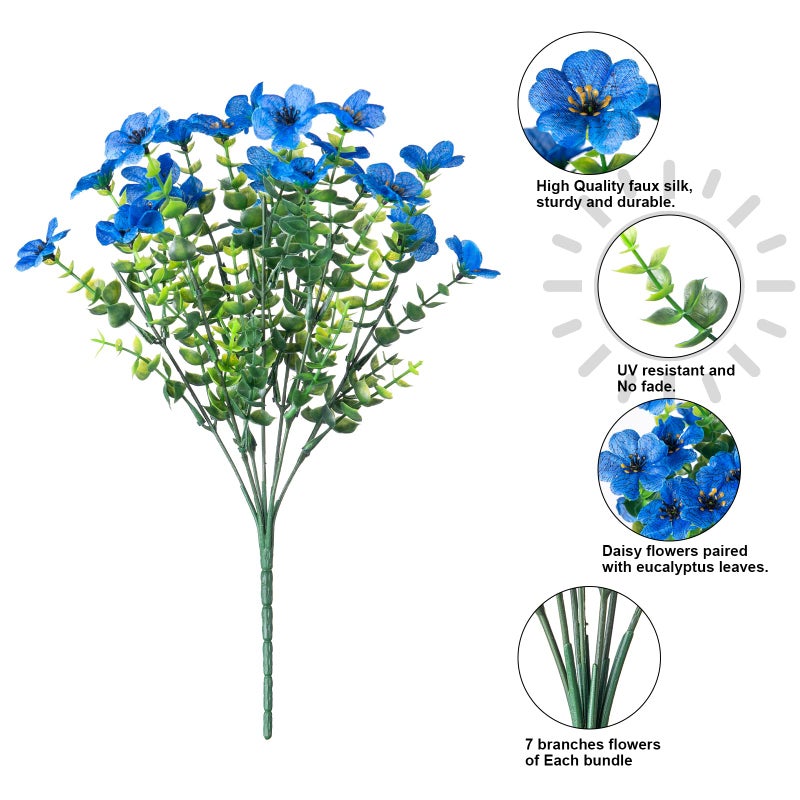 HyeFlora Artificial Flowers for Outdoor Indoor Garden Home Decoration, Faux Flower Daisy with Eucalyptus Leaves Fake Plants Greenery Boxwood Porch Patio, 12 Bundles (Blue) - Image 4