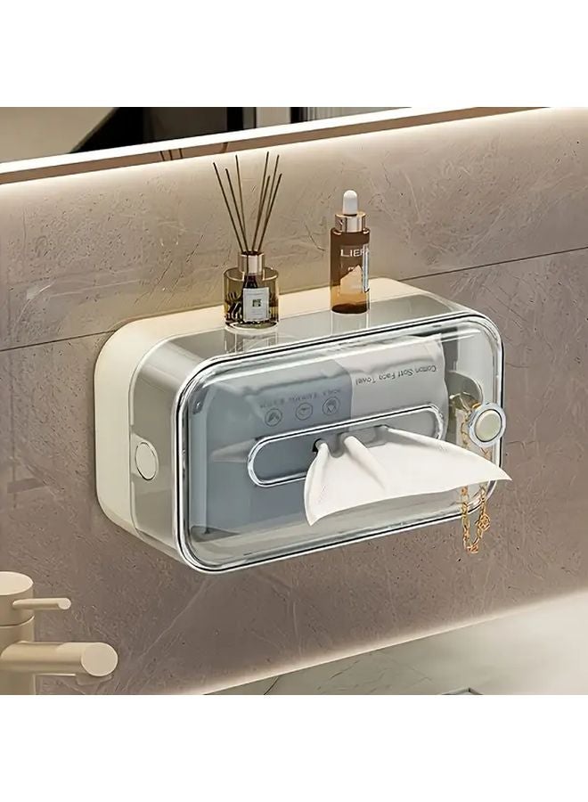 حامل مناديل حائطي بلون أبيض حليبي بدون حفر مع خزانة تخزين ودرج شفاف - Image 5