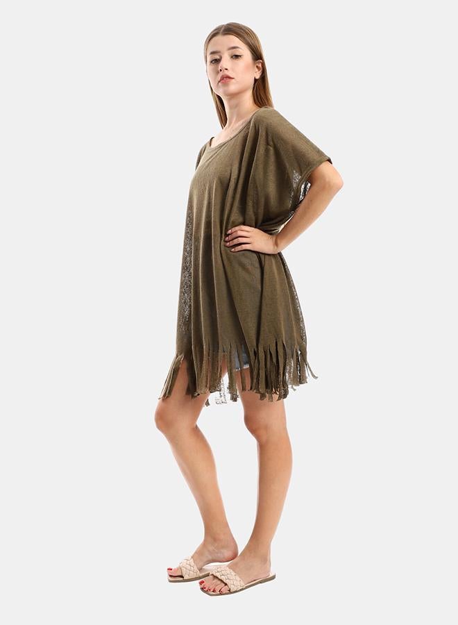 kady Jamila women solid pattern cover up with decorated fringeswomen ,olive-3xl-4xl - Image 2