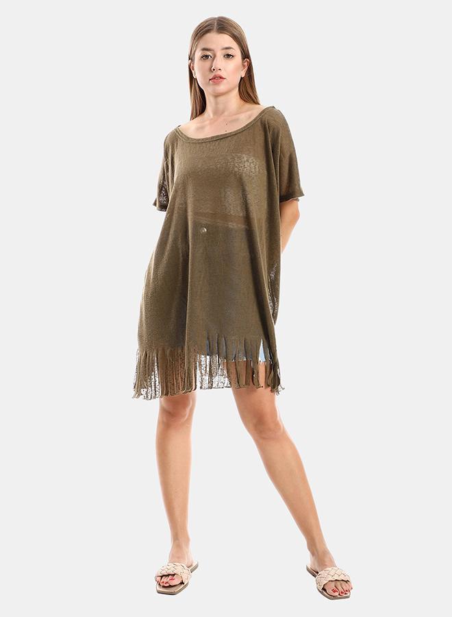 kady Jamila women solid pattern cover up with decorated fringeswomen ,olive-3xl-4xl - Image 1