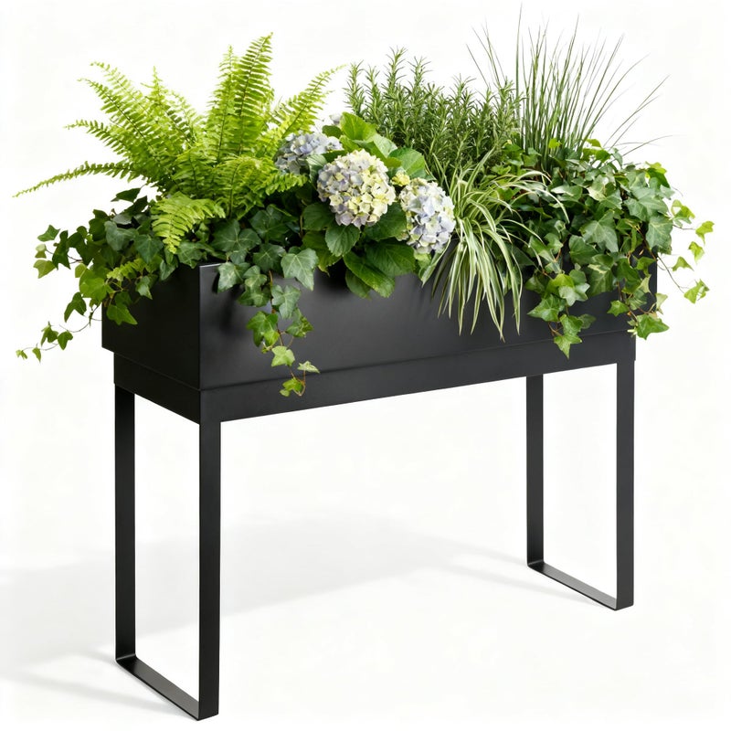 WORTH Raised Metal Planter Box with Legs, 28" Elevated Garden Bed for Indoor & Outdoor Use â€“ Matte Black Galvanized Steel Planter with Inner Shelf, Drainage Hole & Plug for Vegetables, Flowers & Herbs - Image 1