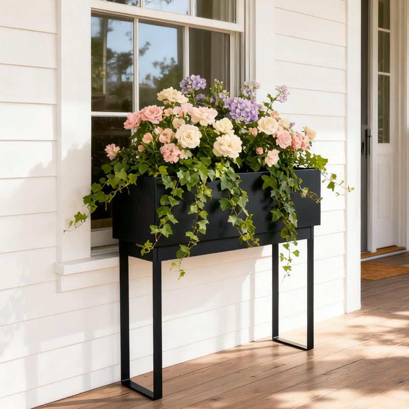 WORTH Raised Metal Planter Box with Legs, 28" Elevated Garden Bed for Indoor & Outdoor Use â€“ Matte Black Galvanized Steel Planter with Inner Shelf, Drainage Hole & Plug for Vegetables, Flowers & Herbs - Image 3
