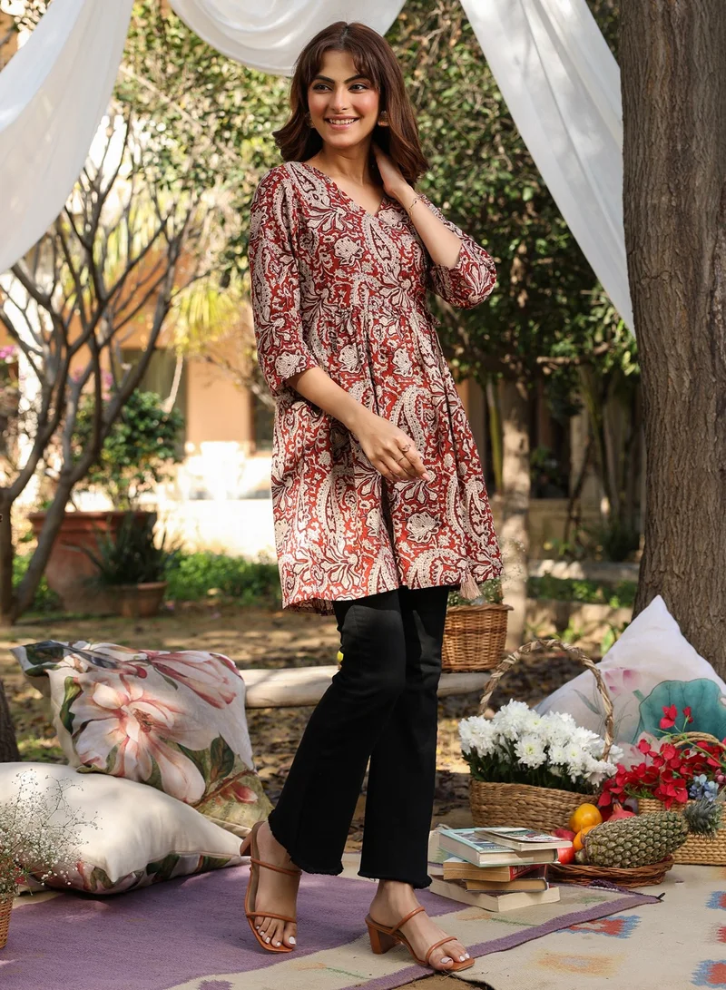 kolaba Maroon Cotton Printed V-Neck Tunic