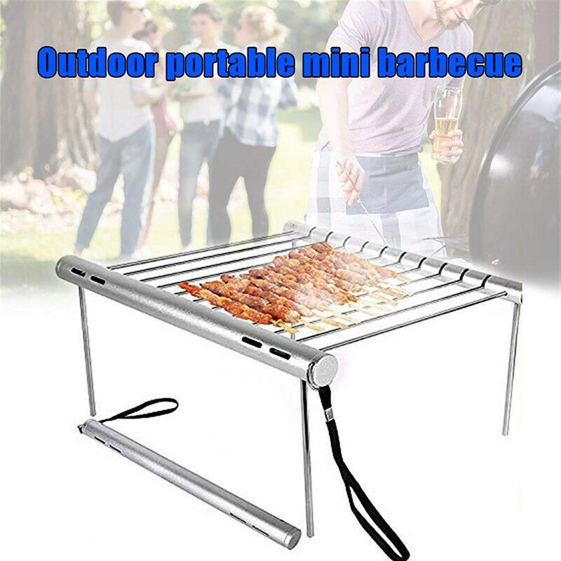Abhsant Portable Barbecue BBQ Grill Net Basket Roast Grilling Tray Chromium Plated with 10 Skewers Silver Colour - Image 3