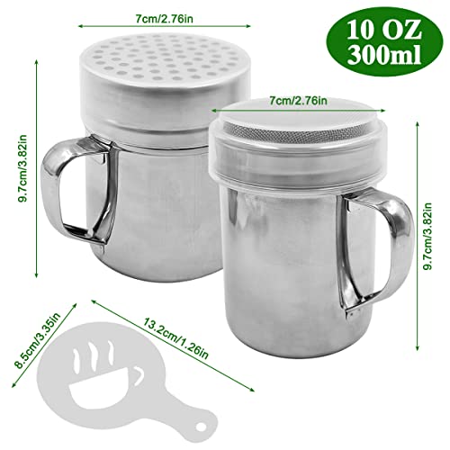 SENHAI Powdered Sugar Shaker Duster with Handle, SENHAI 2pcs Stainless Steel Powder Shakers for Sugar Pepper Cinnamon Powder Flour with Printing Molds Stencils - Fine & Large Mesh - Image 2