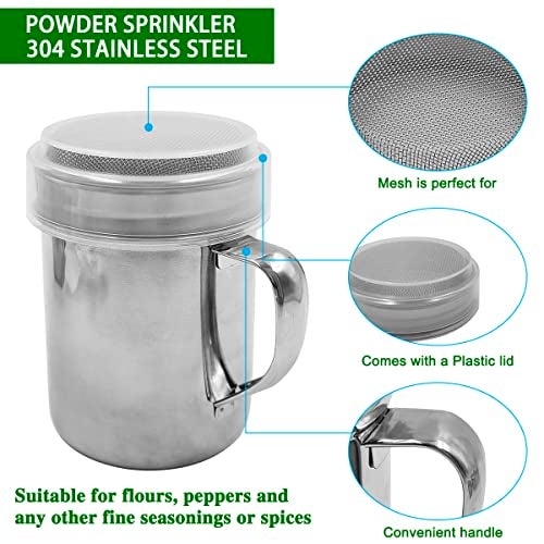 SENHAI Powdered Sugar Shaker Duster with Handle, SENHAI 2pcs Stainless Steel Powder Shakers for Sugar Pepper Cinnamon Powder Flour with Printing Molds Stencils - Fine & Large Mesh - Image 3