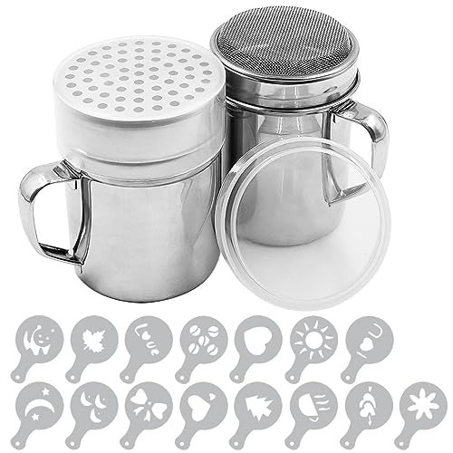 SENHAI Powdered Sugar Shaker Duster with Handle, SENHAI 2pcs Stainless Steel Powder Shakers for Sugar Pepper Cinnamon Powder Flour with Printing Molds Stencils - Fine & Large Mesh - Image 1