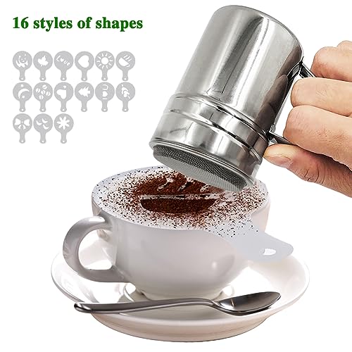 SENHAI Powdered Sugar Shaker Duster with Handle, SENHAI 2pcs Stainless Steel Powder Shakers for Sugar Pepper Cinnamon Powder Flour with Printing Molds Stencils - Fine & Large Mesh - Image 5