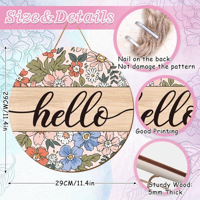 Whaline Vintage Hello Front Door Sign Boho Flower Welcome Wall Door Sign Colorful Floral Wooden Hanging Sign for Spring Summer Holiday Indoor Outdoor Farmhouse Home Porch Window Decor - Image 2