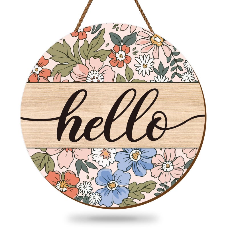 Whaline Vintage Hello Front Door Sign Boho Flower Welcome Wall Door Sign Colorful Floral Wooden Hanging Sign for Spring Summer Holiday Indoor Outdoor Farmhouse Home Porch Window Decor - Image 1