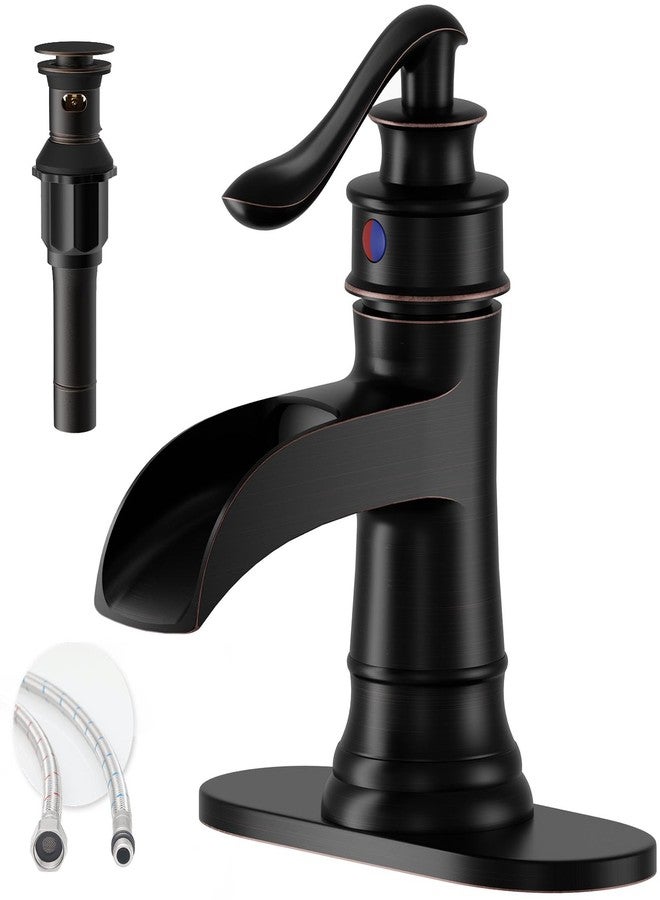 BATHLAVISH Oil Rubbed Bronze Bathroom Faucet, Single Hole Deck Mount, Waterfall Spout Design, Made of Solid Brass, Complete Accessories Included - Image 1
