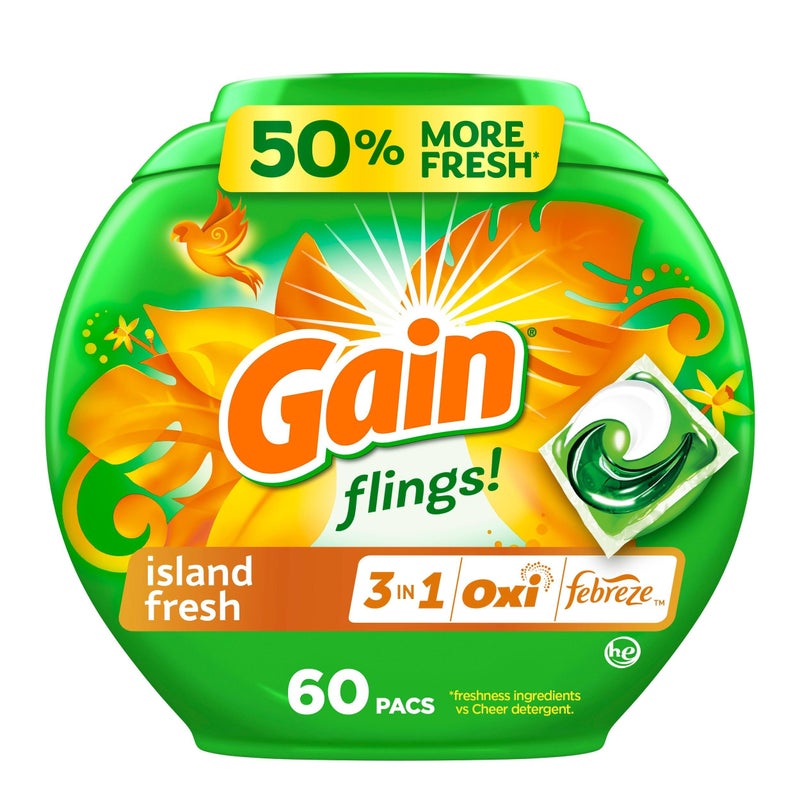 Gain Flings Laundry Detergent Pacs, 60 Count, Island Fresh Scent, with Odor Defense, concentrated laundry soap pacs - Image 1