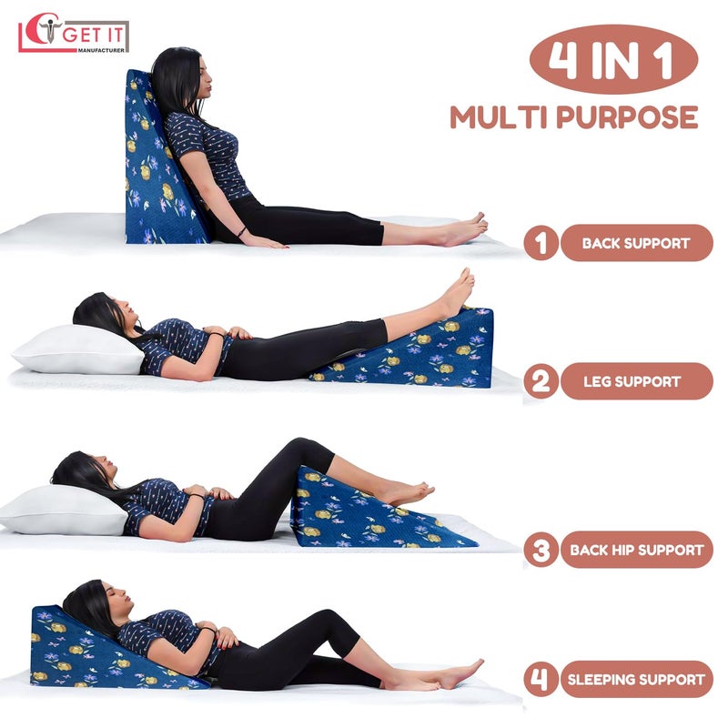 GET IT Orthopaedic Wedge Pillow Back Support | 2 Years Warranty | Sleeping for Acid Reflux, Snoring, GERD, Leg Elevation, Pregnancy - Naby Blue Flower - Image 3