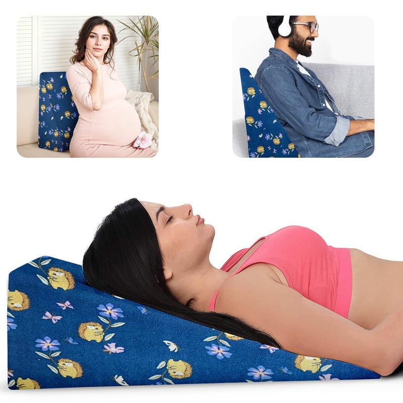 GET IT Orthopaedic Wedge Pillow Back Support | 2 Years Warranty | Sleeping for Acid Reflux, Snoring, GERD, Leg Elevation, Pregnancy - Naby Blue Flower - Image 1