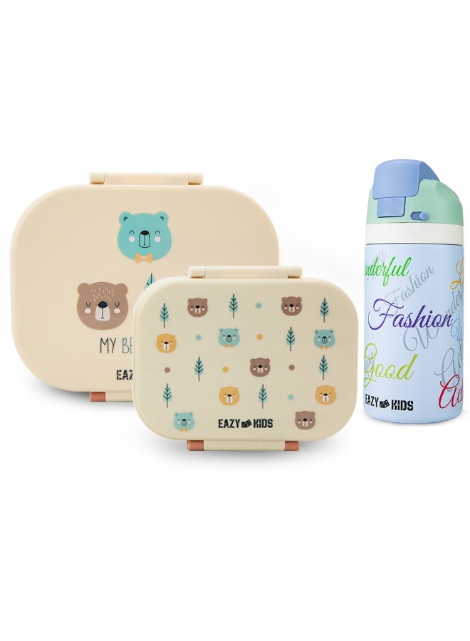 Eazy Kids Bento Lunch Box Set of 2 w/ Stainless Steel Water Bottle 445ml – Ivory
