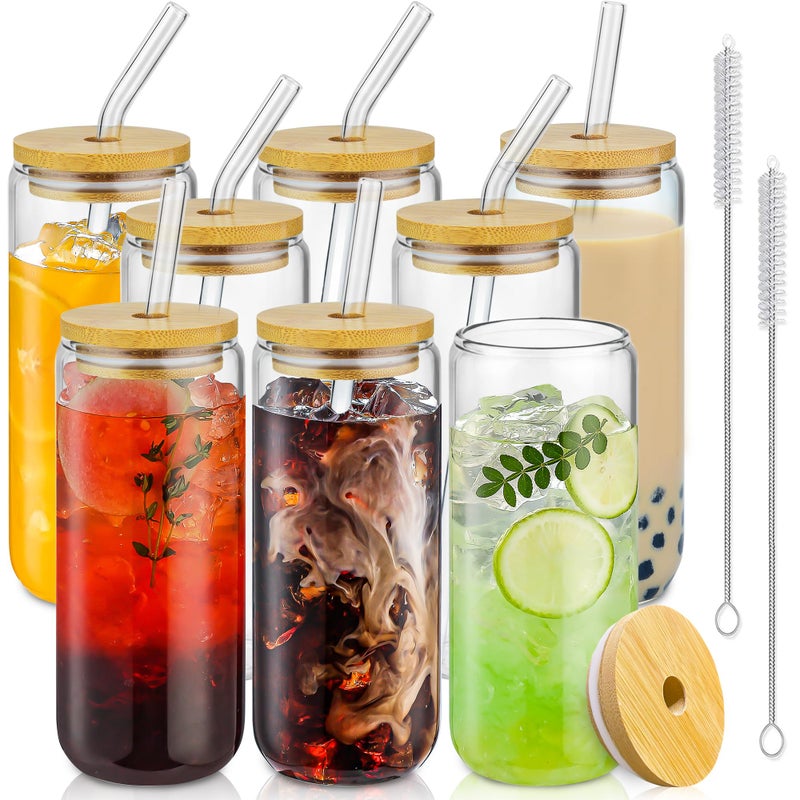 SENTVEND 20 Oz Drinking Glasses with Bamboo Lids and Glass Straw 8 Pcs Glass Cups Beer Ice Coffee Glasses Cute Aesthetic Cup Great for Coffee Bar Accessories Include 2 Cleaning Brushes