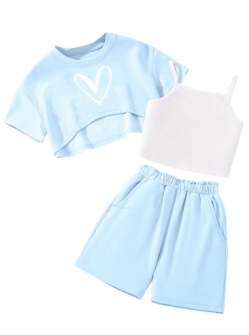 Hilinker Girls 3 Piece Summer Outfits Graphic Crop Tee and Cami Top with Shorts Set Blue Heart 1112Y