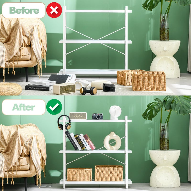 HCHQHS Bookshelf, 3-Tier Industrial Bookcase, White Open Book Shelf, Freestanding Horizontal Bookshelves with Metal Frame - Image 3
