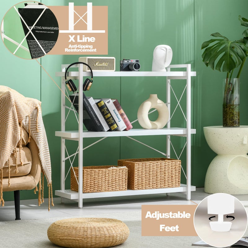 HCHQHS Bookshelf, 3-Tier Industrial Bookcase, White Open Book Shelf, Freestanding Horizontal Bookshelves with Metal Frame - Image 5