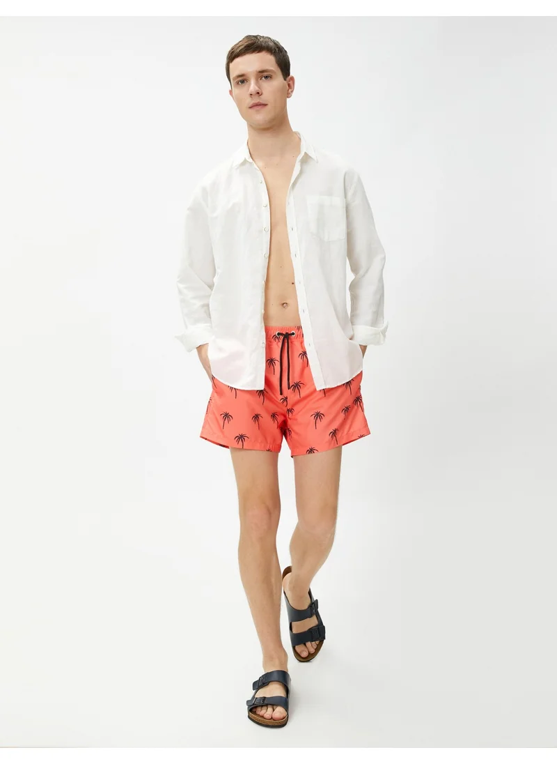 كوتون Cotton Swim Shorts Palm Printed Waist Tie Pocket