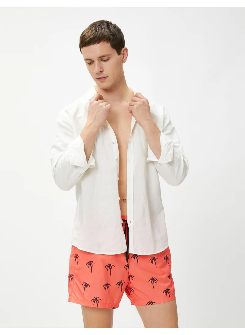 KOTON Cotton Swim Shorts Palm Printed Waist Tie Pocket