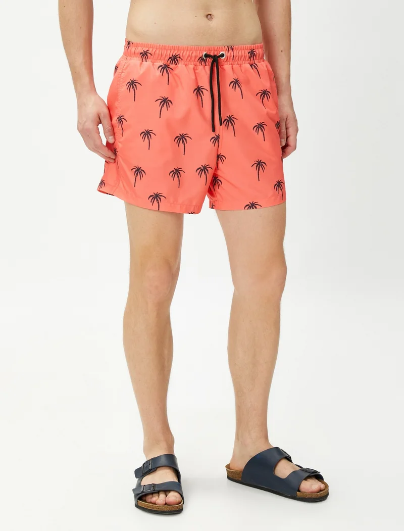 كوتون Cotton Swim Shorts Palm Printed Waist Tie Pocket