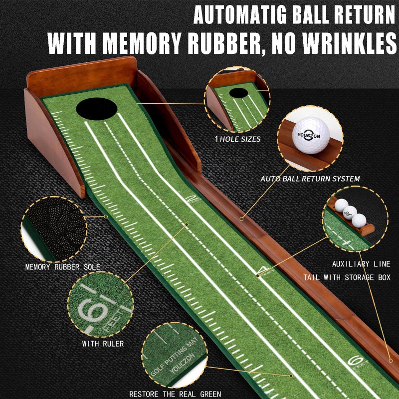 YOUCZON Putting Green Indoor,Golf Putting matâ€“ Portable & Easy to Assemble, Automatic Ball Return, Wrinkle-Free Natural Rubber Mat, Solid Wood Construction for Golfers - Image 3