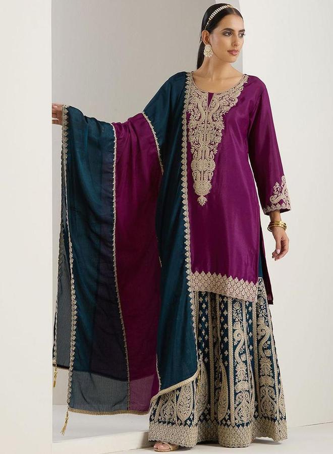 آي شين طقم كورتا وبنطال مع شال بلون بنفسجي - Image 3