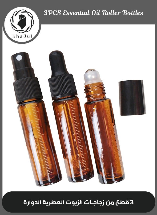 KHAJUL 3PCS Essential Oil Roller Bottles, Glass Spray Bottles, 10ml Empty Refillable Glass Dropper Bottles for Skincare (Brown) - Image 1