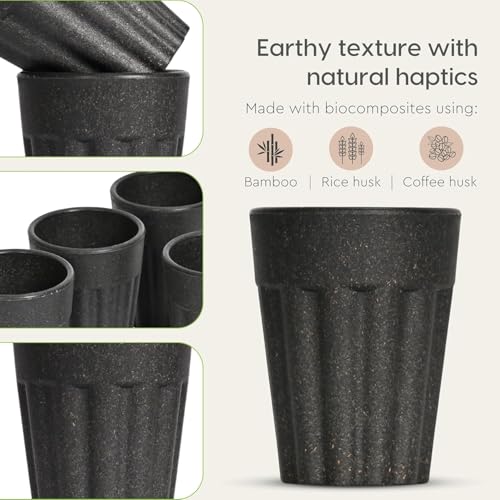 MEDALLIX Set of 6 Eco-Friendly Cutting Chai Cups | 100ml Reusable Coffee & Tea Cups | Rice Husk & Bamboo Fiber | Microwave & Dishwasher Safe | Hot & Cold Beverages (Charcol Color) - Image 2