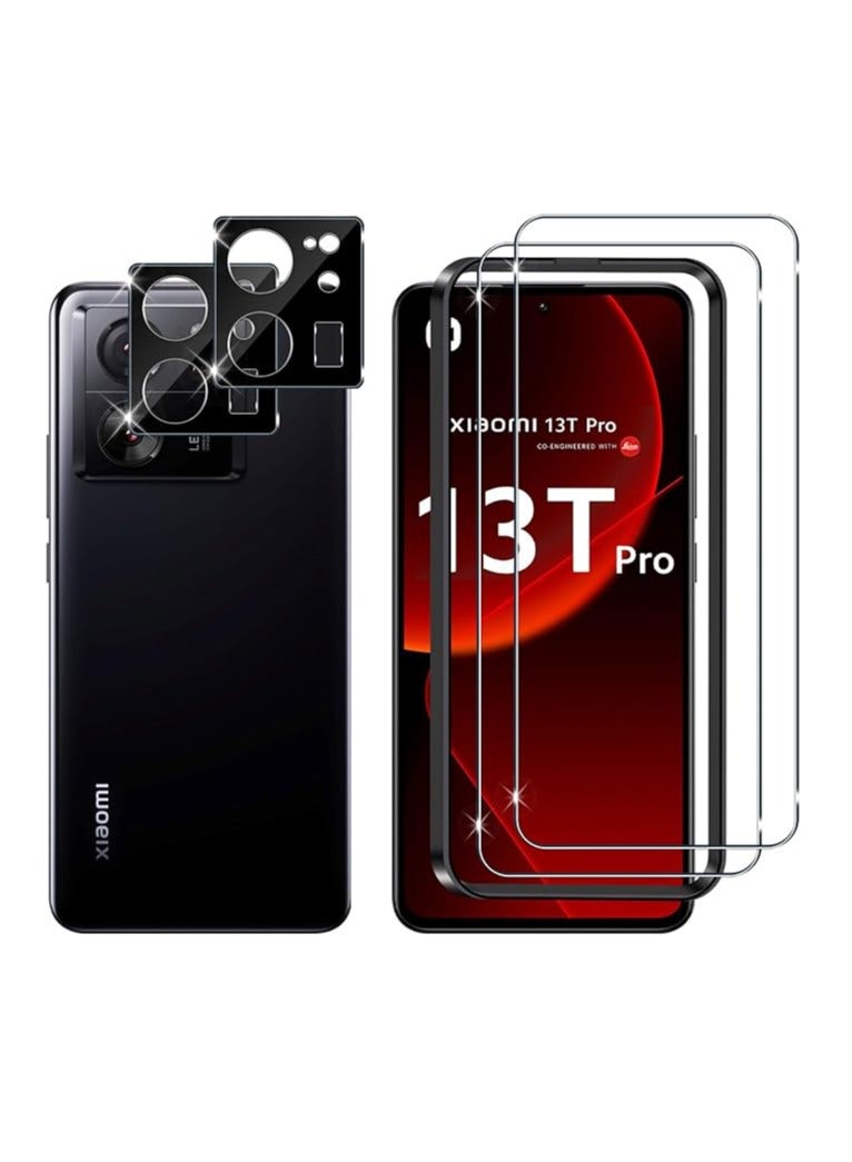 عام حامي الشاشة من الزجاج المقسى Lutree لهاتف Xiaomi 13T/13T Pro، يتضمن قطعتين للشاشة وقطعتين لحماية الكاميرا، باللون الأسود، 9H Hardness، عالي الوضوح، بدون فقاعات، مقاوم للخدوش. - Image 1