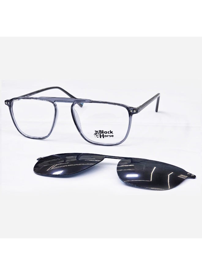 Men’s eyeglasses made of lightweight and durable TR material, offering excellent comfort for daily use. The acetate temples come with spring hinges for added flexibility and a secure, comfortable fit. Includes a flat Polarized Clip-On lens that attaches instantly, transforming the frame into stylish sunglasses with reduced glare and enhanced outdoor visibility.  A practical and modern choice for work, driving, and everyday wear.