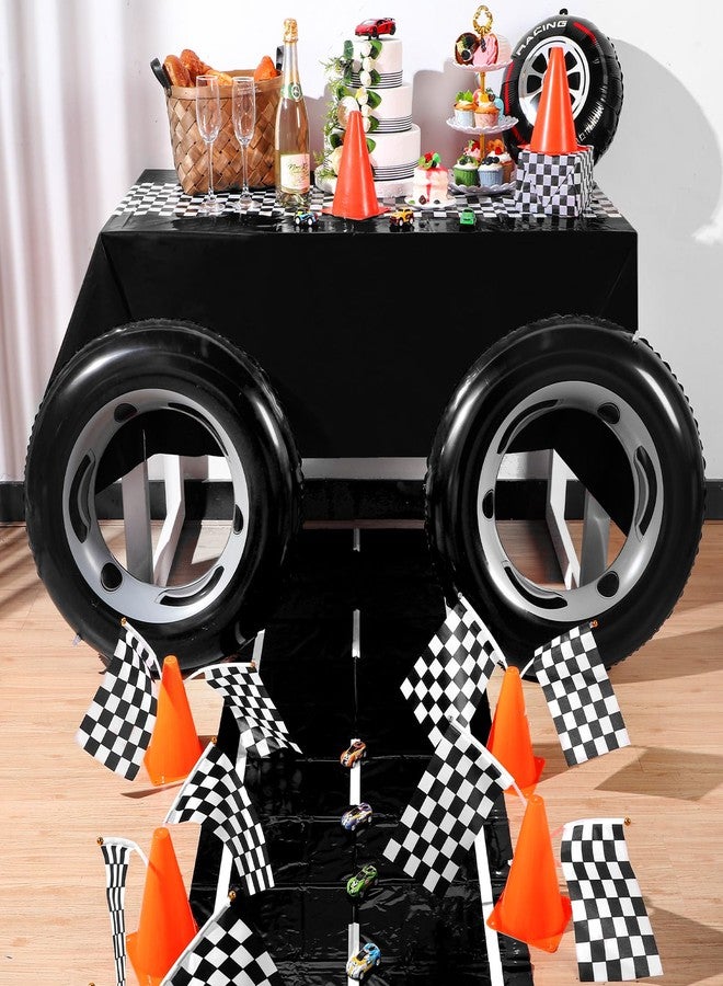 Remagr 24 Pieces Race Car Party Supplies Include Traffic Cones Checkered Flag Race Flags Checkered Tablecloth Track Running Mat and Tire Tube Swimming Ring for Car Themed Birthday (Black) - Image 5