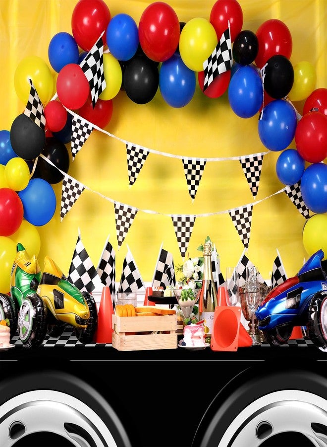 Remagr 24 Pieces Race Car Party Supplies Include Traffic Cones Checkered Flag Race Flags Checkered Tablecloth Track Running Mat and Tire Tube Swimming Ring for Car Themed Birthday (Black) - Image 4