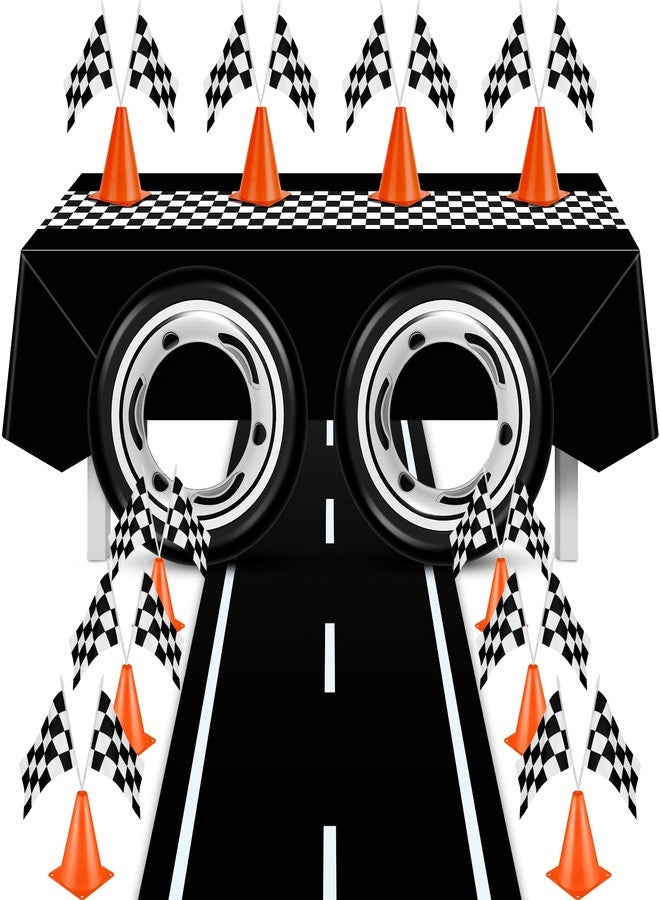Remagr 24 Pieces Race Car Party Supplies Include Traffic Cones Checkered Flag Race Flags Checkered Tablecloth Track Running Mat and Tire Tube Swimming Ring for Car Themed Birthday (Black) - Image 1