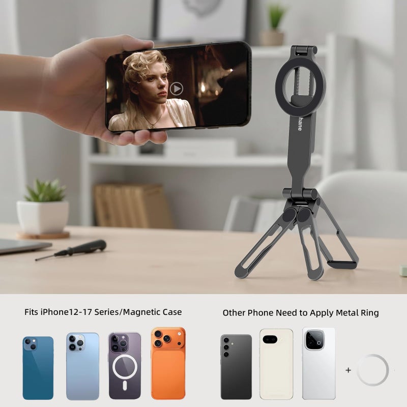 Jishane Magnetic Tripod for iPhone -Adjustable Foldable Phone Tripod Stand for Video Recording, Magnet Mount Pocket Cell Phone Stand for iPhone 17/16/15/14/13/12 Plus Max for Gym Tablet Tripod for Travel - Image 4