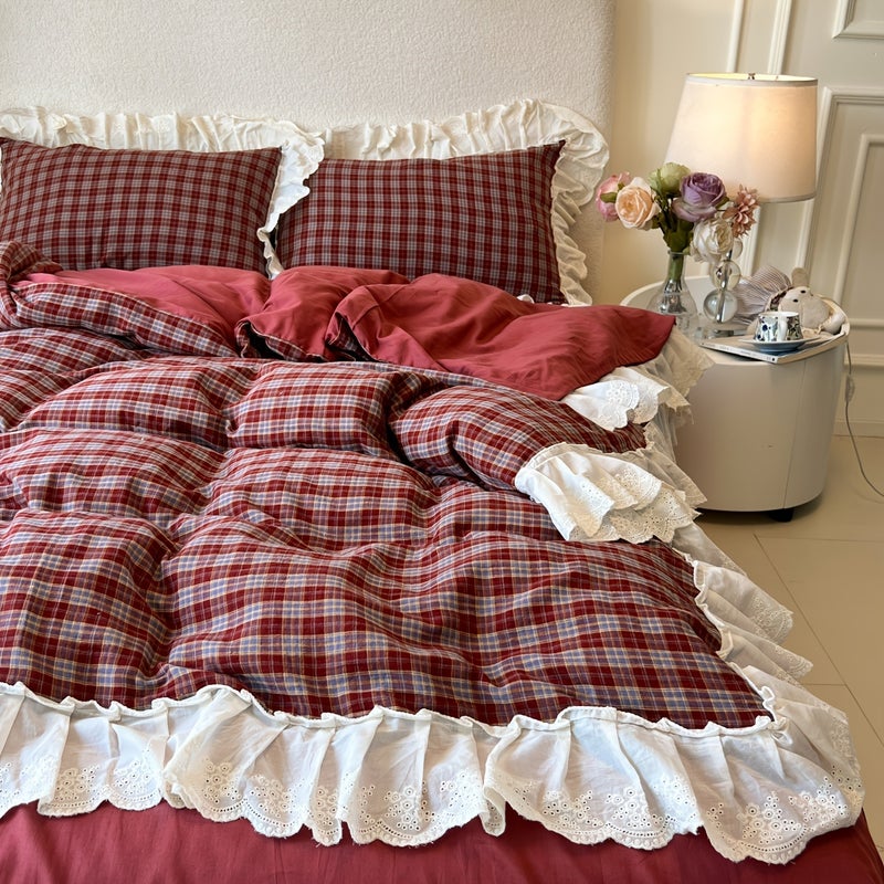 100% Polyester New French Hollow Lace Red Check Bedding 3pcs Set 1pc Duvet Cover And 1 Pair Pillowcases Soft Comfortable All-Season (No Core Included) - Image 1