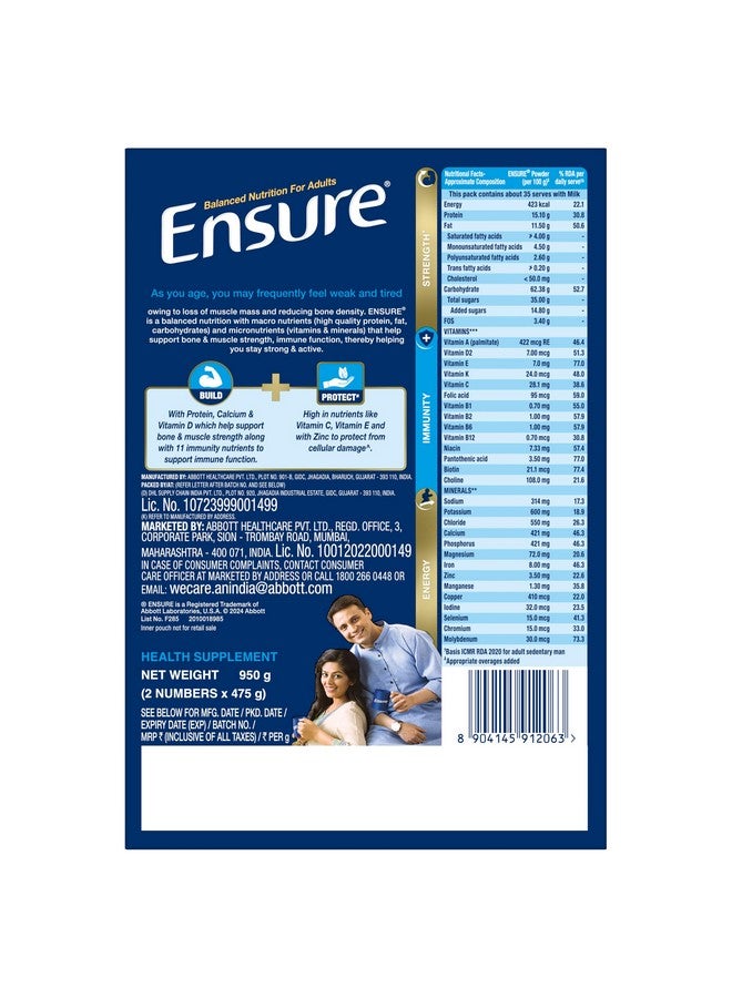 Ensure Ensure No 1 Nutritional Supplement Drink in the world, 32 nutrients High Protein,Calcium,Vit D, Vanilla 950g/1kg, Wt may vary, Powder, 1 count, 35 servings  - Image 3