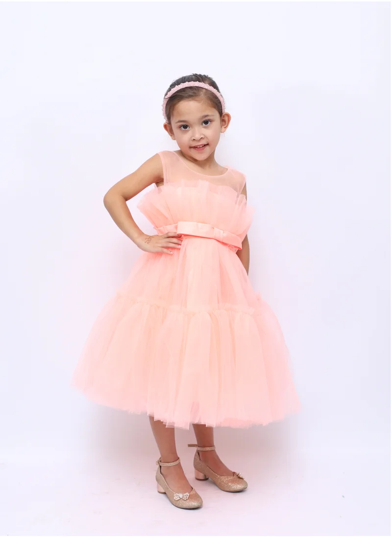 D'Daniela Toddler Girls Bow Front Ruffle Hem Mesh Gown Dress Peach Colour