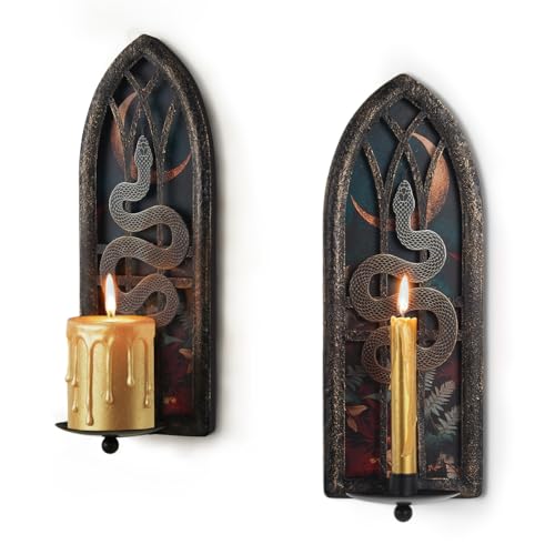 AimtoHome Gothic Wall Candle Sconces Set of 2, Snake and Moon Iron Wall Mounted Candelabra Holder with Removable Trays for Taper & Pillar Candles, Natural Aesthetic Boho Art Hanging Design Decor - Image 1