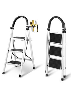 DubaiGallery Double Elite Step Ladder 3 Step Folding with Handgrip, Sturdy 330Lbs Load Stylish Step Stools for Adults, Safer Folding Step Stool Ladder, Small 3 Step Ladder for Home with Anti-Slip Wide Pedals,White  - Image 1