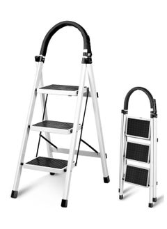 DubaiGallery Double Elite Step Ladder 3 Step Folding with Handgrip, Sturdy 330Lbs Load Stylish Step Stools for Adults, Safer Folding Step Stool Ladder, Small 3 Step Ladder for Home with Anti-Slip Wide Pedals,White  - Image 2
