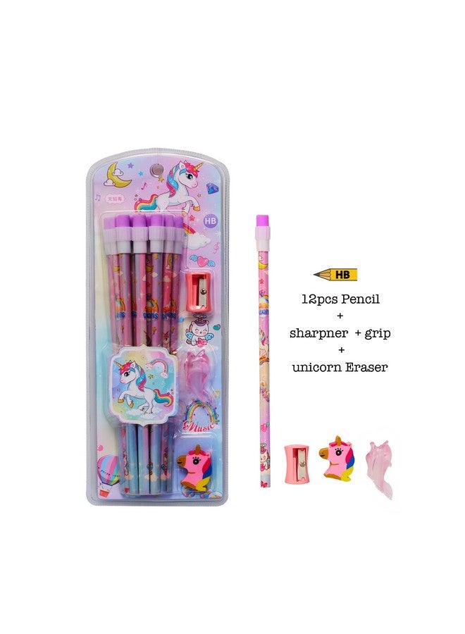 CherryBox CherryBox Unicorn Pencils Stationary Kit - 12 Pencils Set with Grip Unicorn Eraser and Sharpner for Kids, Boys and Girls, Birthday Return Gift Stationary Set (Purple)  - Image 2
