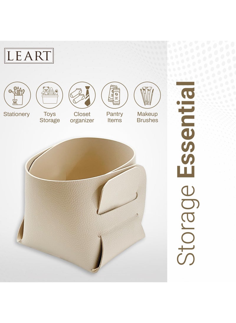 LeArt Leather Storage Basket – Bedside, Nightstand, Office Desk Organizer | Pantry Storage Organizer | Stationery Organizer | Storage Bin for Home (Cream Small)  - Image 2