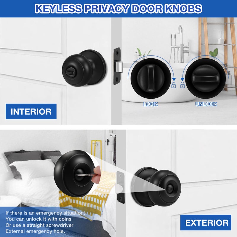 Plustool 8 Pack Matte Black Door Knobs, Privacy Door Knob with Lock, Interior Doorknobs with Round Ball, Keyless Door Lockset for Bedrooms Bathrooms - Image 3